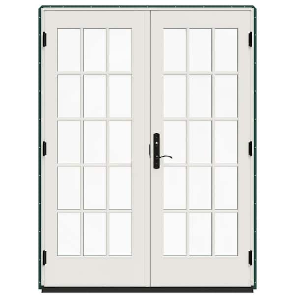 JELD-WEN 60 in. x 80 in. W-5500 Hartford Green Clad Wood Left-Hand 15-Lite French Patio Door with White Paint Interior