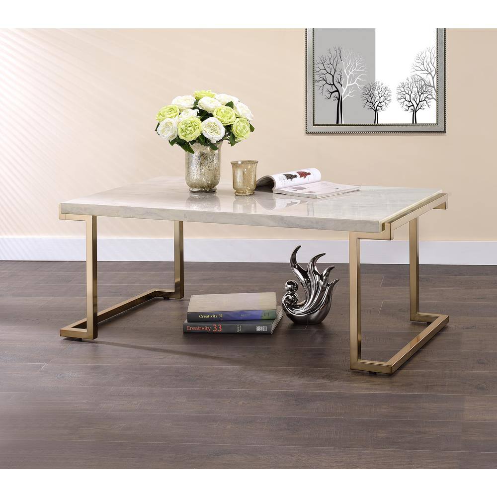 Contemporary Rectangular Lift-Top Coffee Table in Beige Faux Marble & Champagne