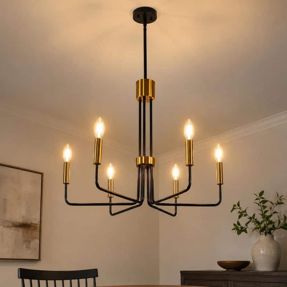 スタミナキッチン YANSUN 6-Light Black and Brass Dining Chandelier Vintage Farmhouse