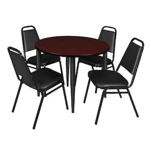 Trueno 42 in. Round Mahogany and Black Wood Breakroom Table and 4-Black Restaurant Stack Chairs (Seats 4)