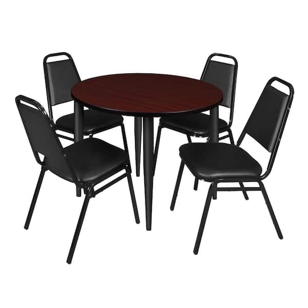 Regency Trueno 42 in. Round Mahogany and Black Wood Breakroom Table and 4-Black Restaurant Stack Chairs (Seats 4)