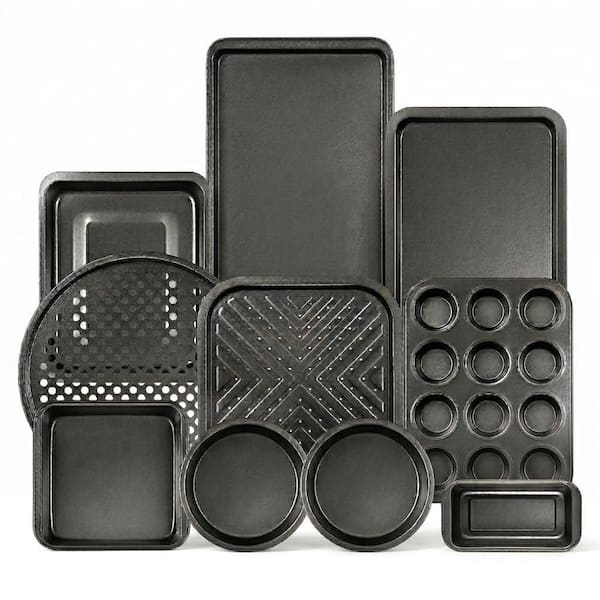 Stackable Nonstick Gray Coating Baking Pan Set, Carbon Steel Bakeware, Oven Safe 450°F, PFOA/PFOS/PTFE Free, (Set of 10)