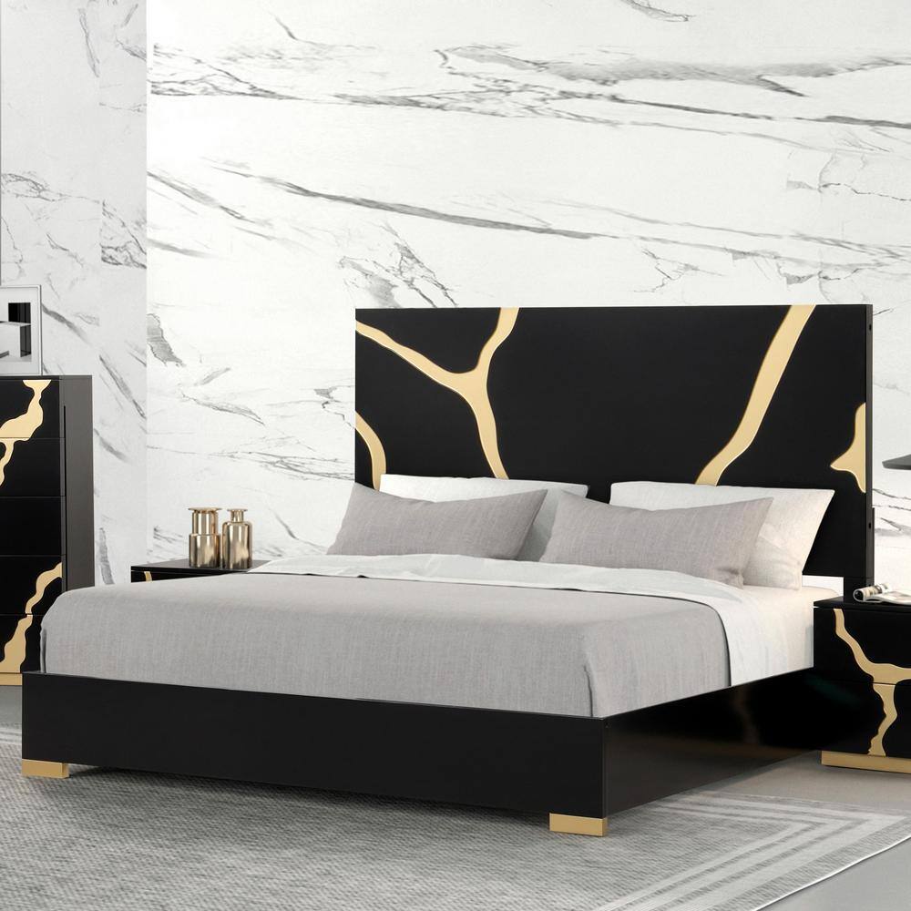 Furniture of America Rove Black Wood Frame King Platform Bed with Gold ...