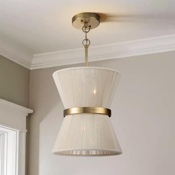 Tabor 2-Light Modern Boho Brass Natural Ivory Hand-woven Rope Drum Chandelier Fabric Hourglass Tapered Pendant Light