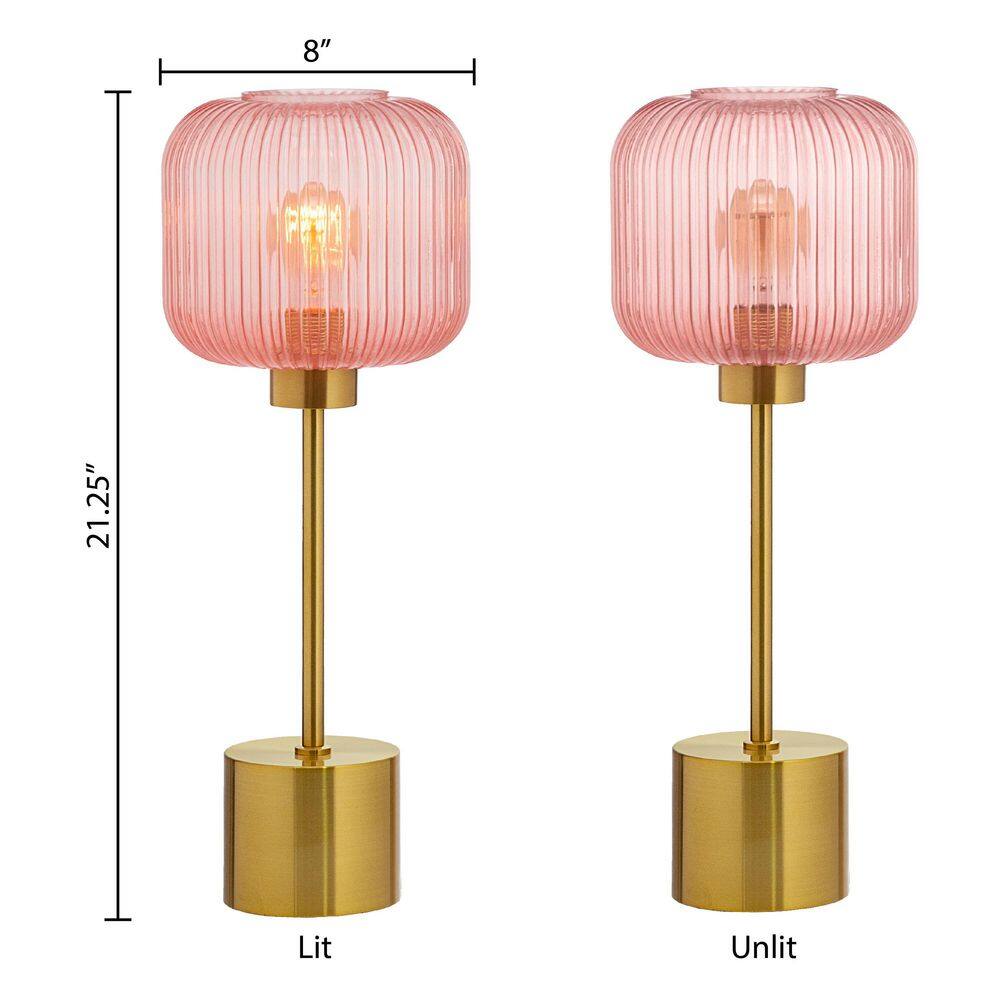 21.25" Brushed Gold Metal Table Lamp with Pink Glass Shade