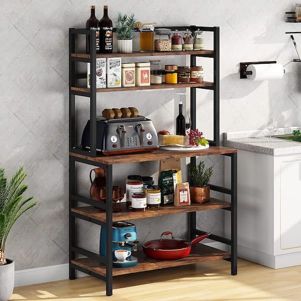 FUFU&GAGA Brown 5-Tiers Standing Baker's Racks with Wood Table Utility Storage Shelf Kitchen Organizer Rack