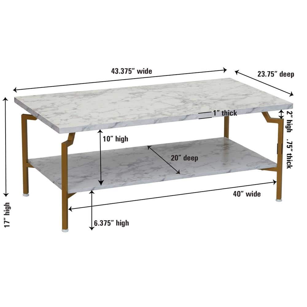 Crown Rectangular White Marble and Gold Metal Coffee Table with Storage Shelf