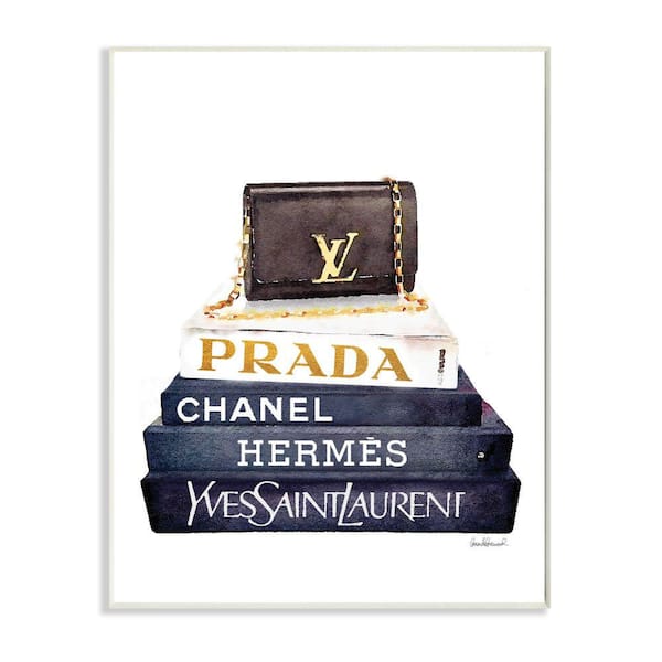 Stupell Industries "Fashion Designer Purse Bookstack Blue Gold Watercolor "by Amanda Greenwood Wood Abstract Wall Art 19 in. x 13 in.