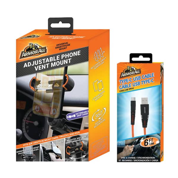 Armor All Adjustable Phone Vent Bundle, 6ft Type-C Cable and Smartphone Mount