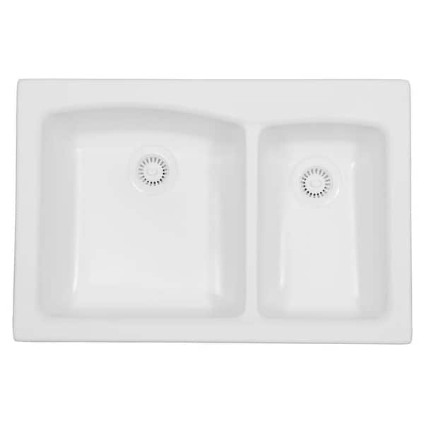 Karran Self-Rimming Acrylic 33x22x9 0-Hole 70/30 Double Basin Kitchen Sink in White/Matte Finish
