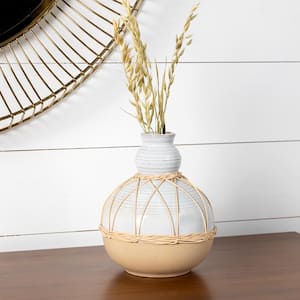 White Earthenware and Rattan Small Vase