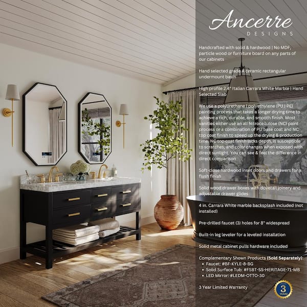 Elizabeth 60 in. W x 22 in. D Bath Vanity in Black Onyx w/ Marble Vanity Top in White w/ White Basin and Gold Hardware