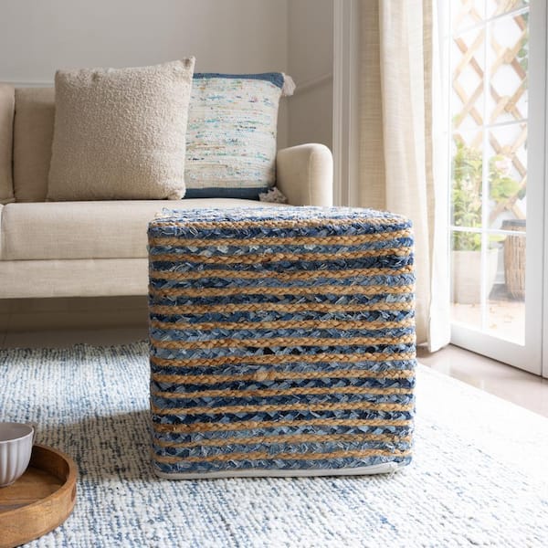 Unbranded Vinayak Denim/Beige Farmhouse Striped Hand-Woven Cotton/Jute Square Pouf