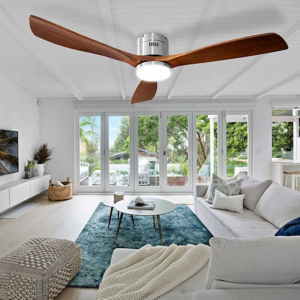 FIRHOT 52 in. Smart Indoor Nickel Low Profile Standard Ceiling Fan with APP Remote Dimmable LED Solid Wood Blade