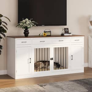 Heavy Duty Dog Kennels Crate Storage Cabinet, Decorative Large Doghouse Furniture Dog Cage with 4 Drawers, White