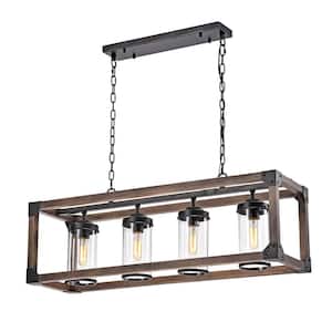 Canela 4Light Antique Black Metal and Wood Rectangle Chandelier with Clear Seeded Glass Shades