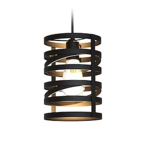 Crafton 10.3 in. 7-Watt 1-Light Black Farmhouse Pendant Hanging Light with Spiral Shade for Dining Room or Kitchen