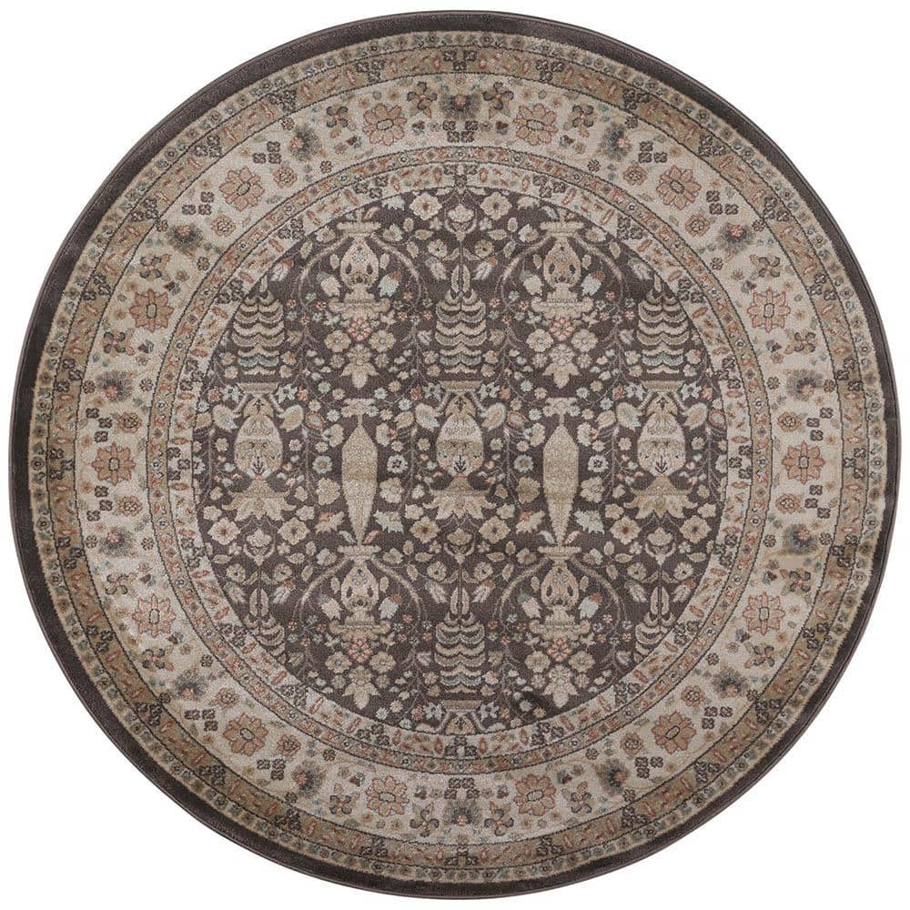 Garda Brown 5 ft. Round Traditional Oriental Floral Area Rug