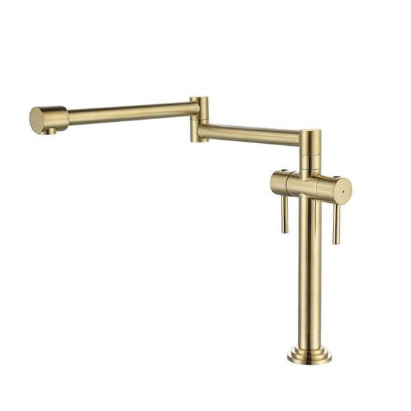 AIMADI Single Hole Deck Mounted Pot Filler for Both Hot Cold Water 2-Handle Brass Folding Kitchen Faucets in Brushed Gold
