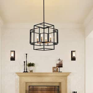 4-Light Industrial Chandelier Dining Room Lighting Fixture Foyer Cage Kitchen Island Ceiling Lamp, Black and Gold
