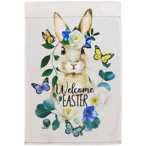 Bunny and Butterflies "Welcome Easter" Floral Outdoor Garden Flag 18 in. x 12.5 in.