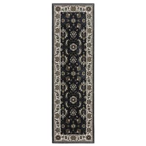 Victoria Blue/Ivory 2 ft. x 8 ft. Traditional Oriental Persian-Inspired Polyester Fringed-Edge Indoor Runner Area Rug