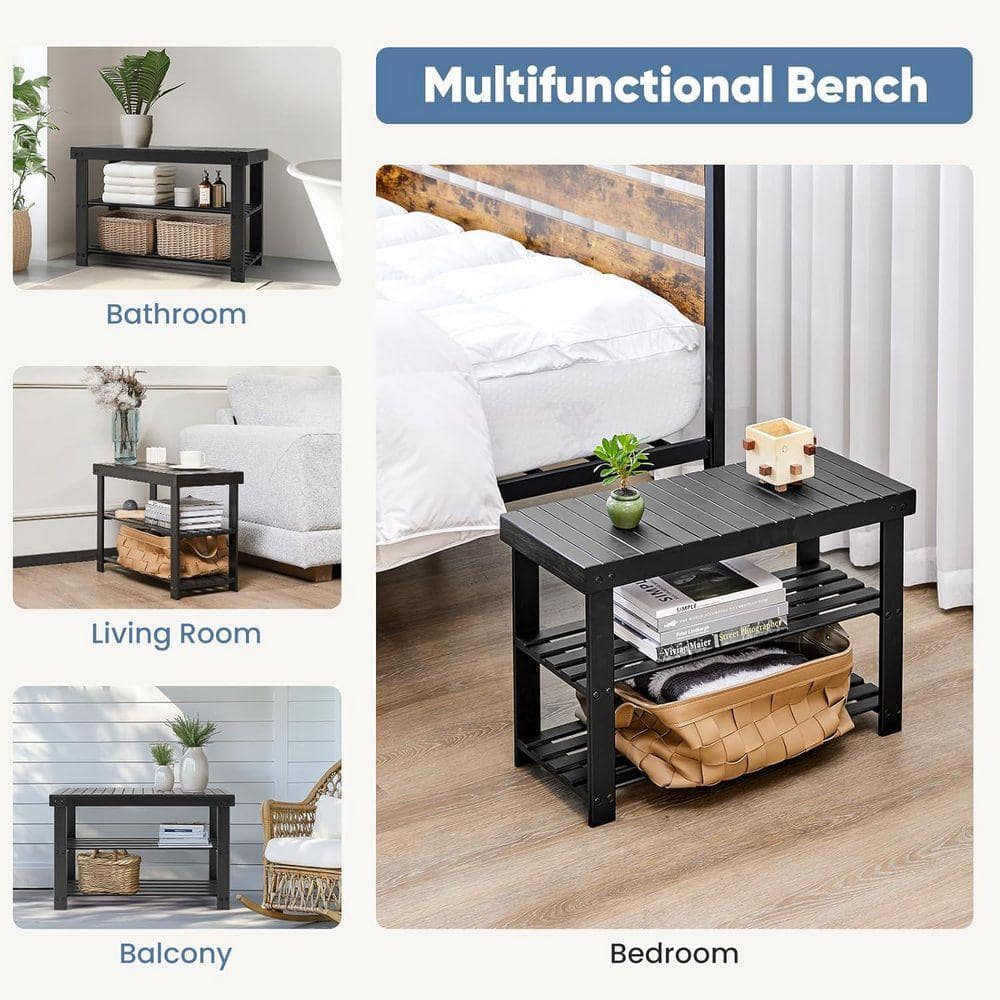 WONDER COMFORT Black Entryway 3-Tier Bamboo Bench Shoe Rack Storage Organizer 27.6 in. W, 286 lbs. Capacity TN-3XD-BK