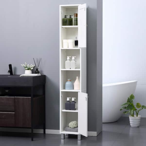 11.75 in. W x 11 in. D x 70.75 in. H White Wood Freestanding Slim Linen Cabinet with Adjustable Shelves, Mirror Door