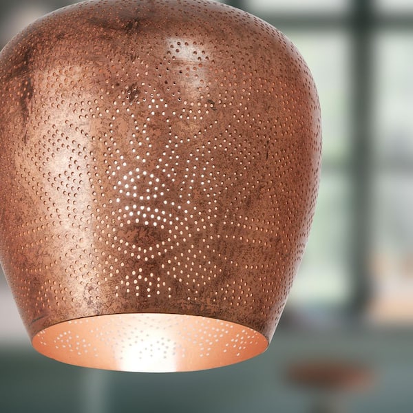 Corbeau 8 in. Distressed Copper-Colored Metal Pendant Light with Punched Metal Globe Shade