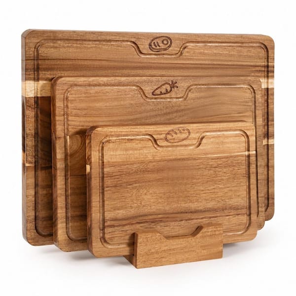 Acacia Wood Cutting Board Set of 3 with Wooden Holder, Deep Juice Grooves, Reversible Design for Meat