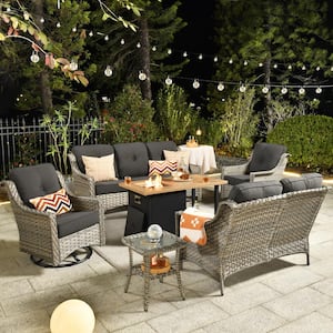 Eureka Grey 6-Piece Wicker Outdoor Patio Conversation Sofa Loveseat Set with a Storage Fire Pit and Black Cushions