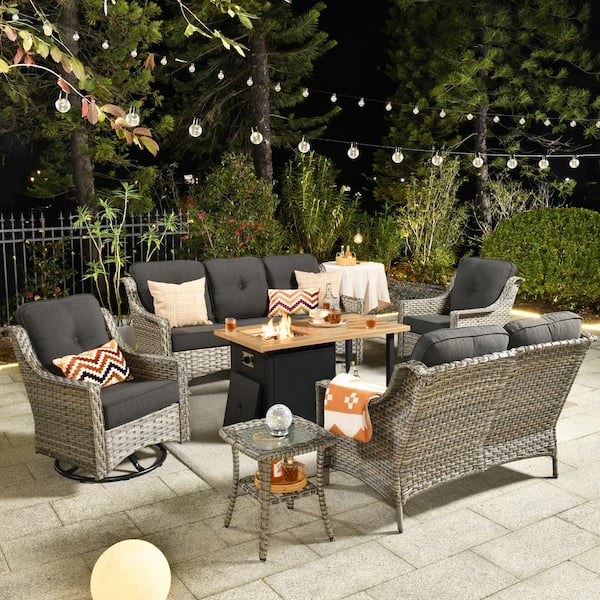 Toject Eureka Grey 6-Piece Wicker Outdoor Patio Conversation Sofa Loveseat Set with a Storage Fire Pit and Black Cushions