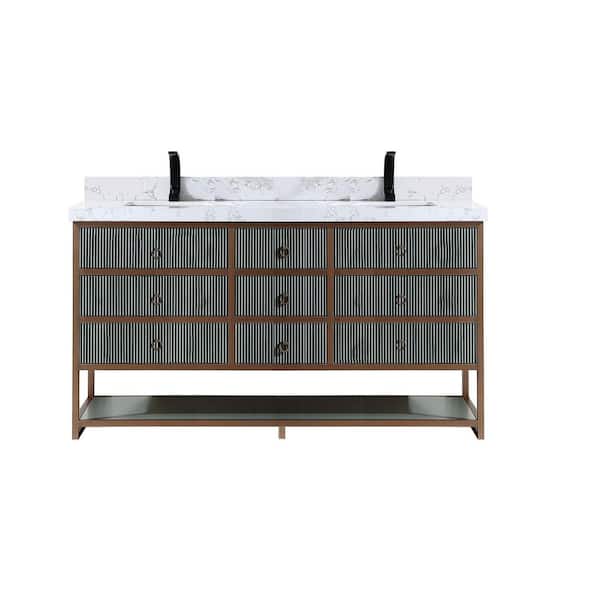 WK2438-72-PG 72 in. Double Sink Sink Vanity Pewter Green Bath Vanity with 2 in. White Artificial Stone Top