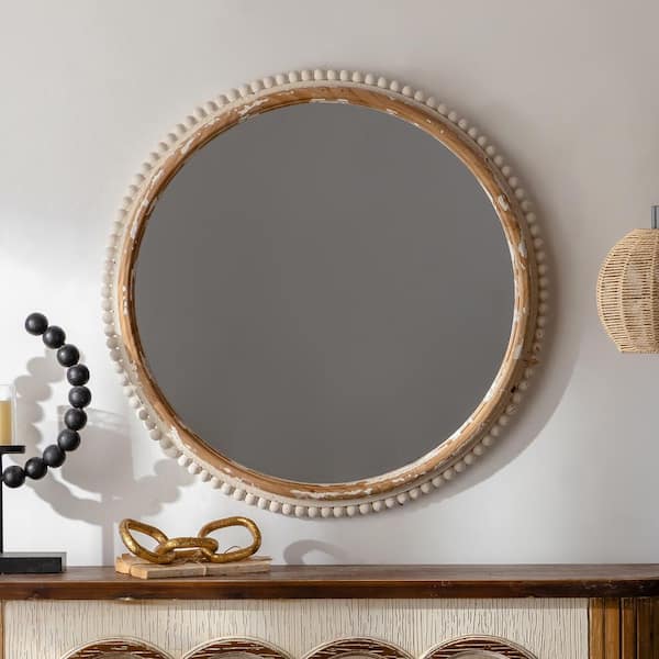 27 in. W x 27 in. H Round Antiqued Wood Finish Framed with White Beaded Accent Wall Mirror