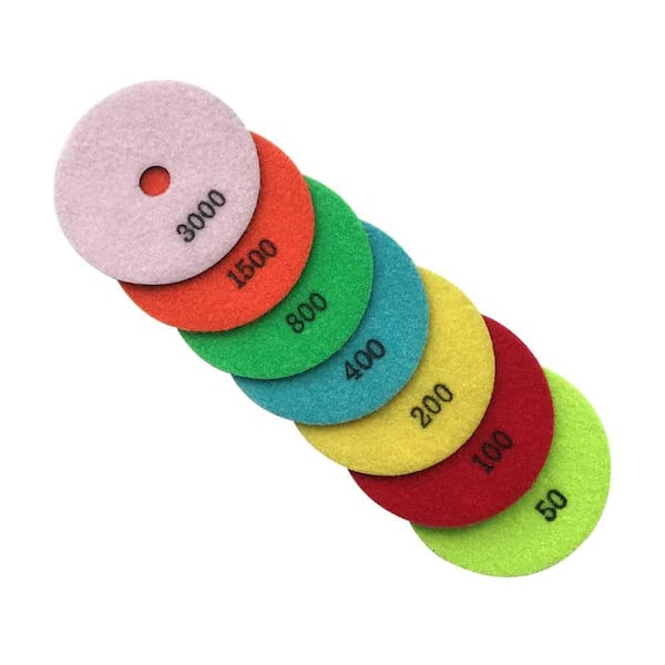 4 in. Dry Diamond Polishing Pad Set for Stone and Concrete, #50, #100, #200, #400, #800, #1500, #3000 Grit
