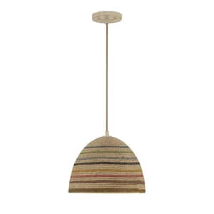 13 in. W x 9.50 in. H 1-Light Matte White and Natural Rattan Pendant Light with Multi-Color Rope Shade