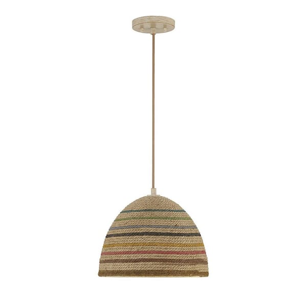 TUXEDO PARK LIGHTING 13 in. W x 9.50 in. H 1-Light Matte White and Natural Rattan Pendant Light with Multi-Color Rope Shade