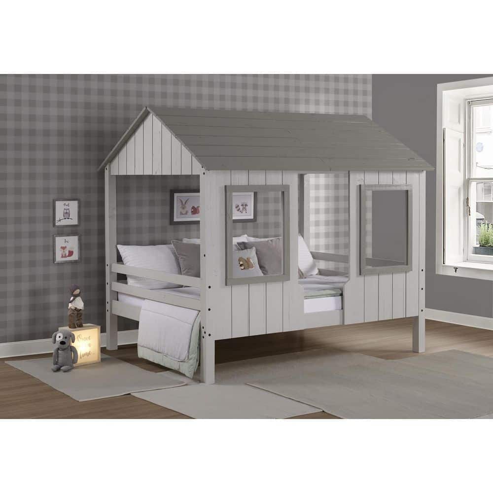 Rustic Pine Wood Full Loft Bed with Headboard and Slats, Two-Tone Grey