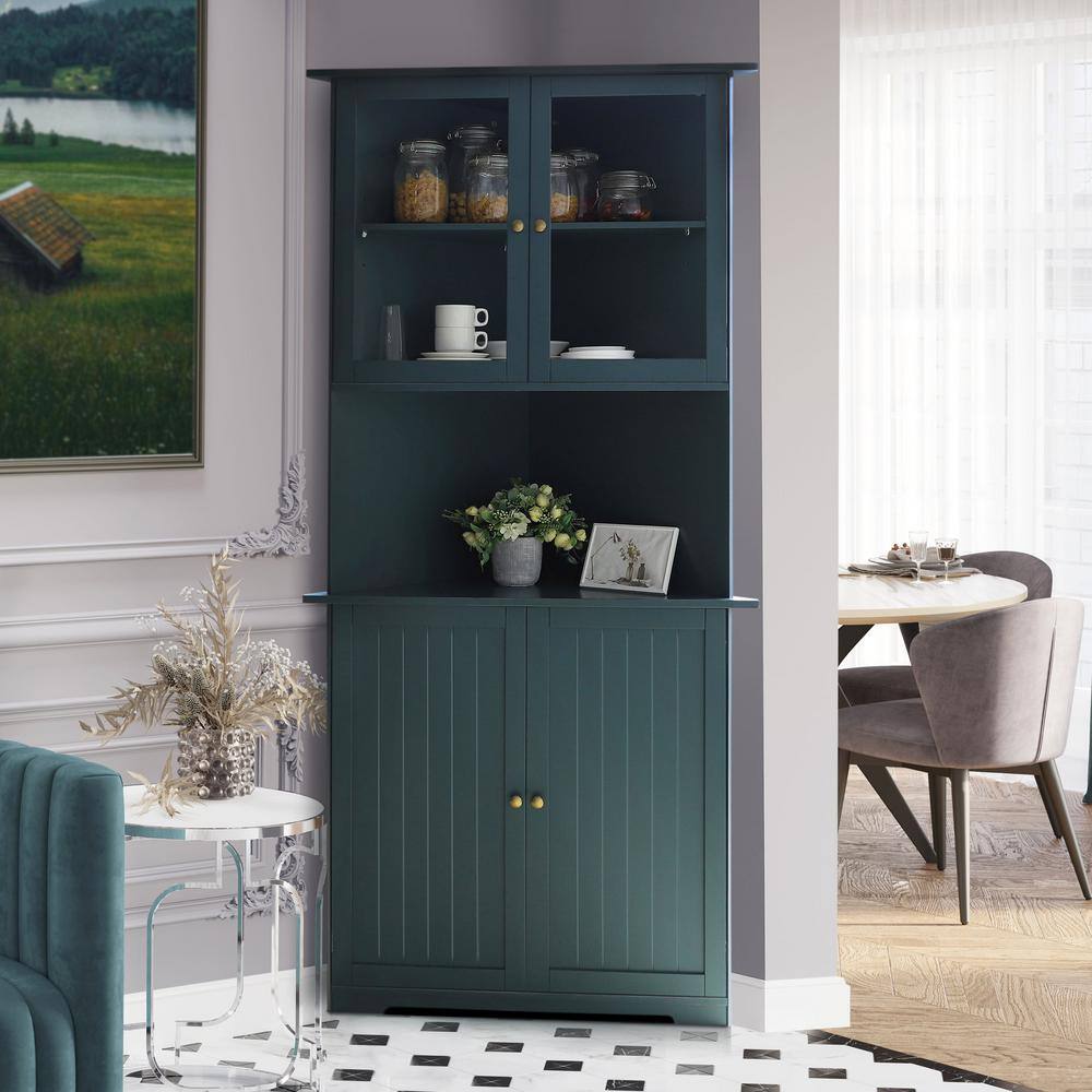 Corner Pantry Organizer Cabinet with Adjustable Shelves and Glass Doors in Teal Blue