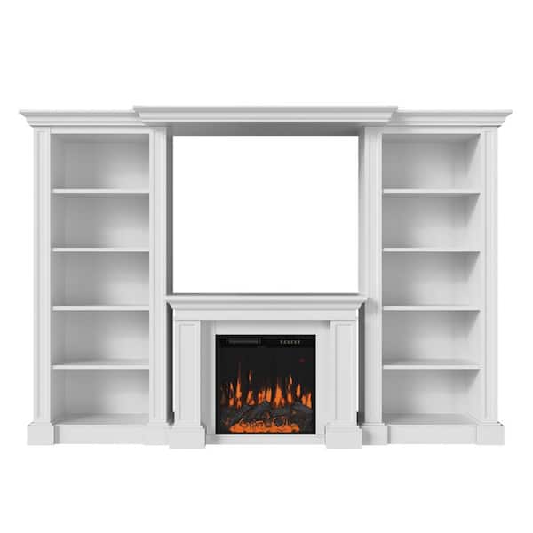 115.5 in. Freestanding Engineered Wood Smart Electric Fireplace TV Stand in White with 10 Shelves, Remote Control