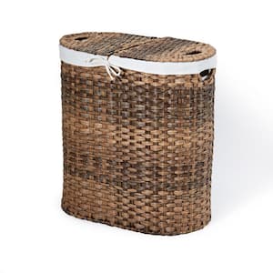 Mocha Hand-Woven Oval Double Laundry Hamper with Removable Liner