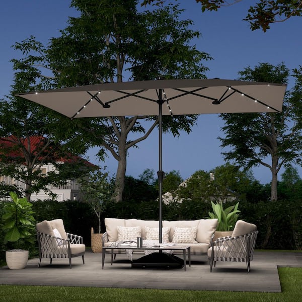 JOYESERY 11 x 7 ft. Steel LED Large Double-Sided Rectangular Outdoor Market Patio Umbrella with Crank in Taupe