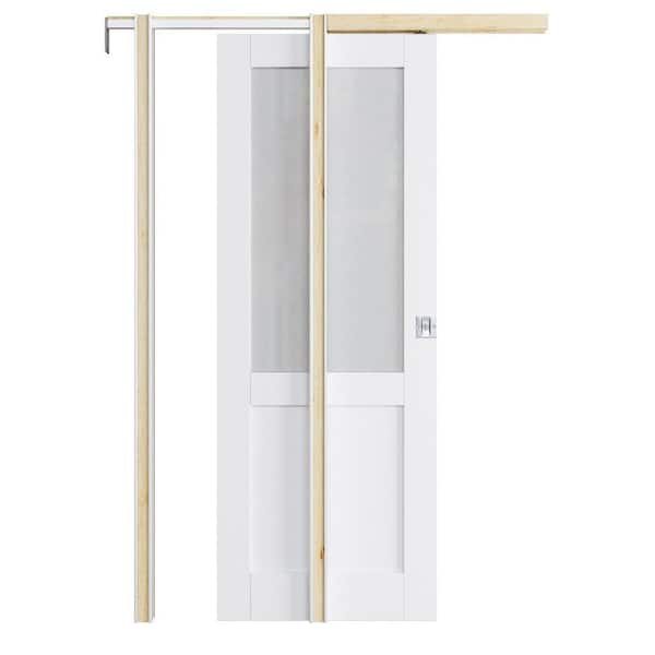 30 in. x 80 in. 1/2 Lite Glass Primed Wood White Pocket Door with Frame and Hardware (Soft Close and Silver Lock Incl)
