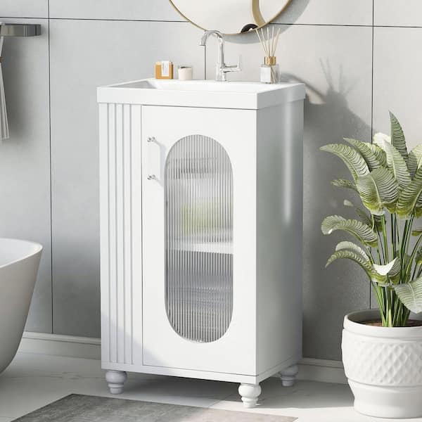 EPOWP 20 in. W x 15.6 in. D x 33 in. H Single Sink Freestanding Bath Vanity in White with White Ceramic Top and Storage