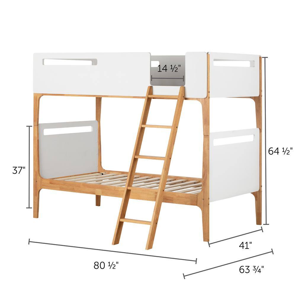 Twin White and Natural Wood Bunk Bed with Guardrails