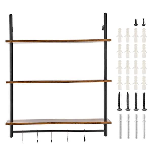 9.64 in. W x 31.5 in. D Black Wood Solid Decorative Wall Shelf, Industrial Pipe Shelf, Wall-Mount Rustic Wood Shelves