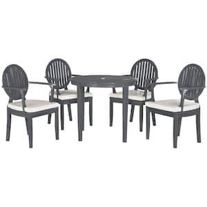 Chino Ash Gray 5-Piece Wood Round Outdoor Dining Set with Beige Cushions