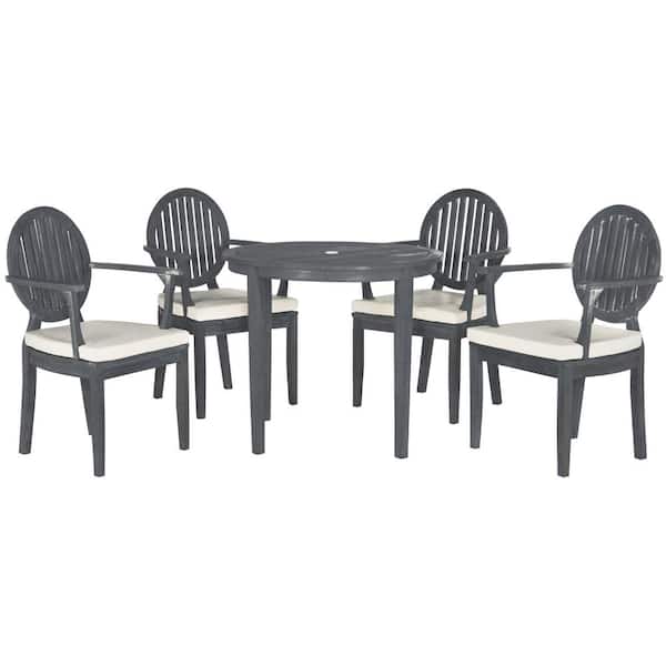 SAFAVIEH Chino Ash Gray 5-Piece Wood Round Outdoor Dining Set with Beige Cushions