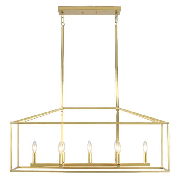 37.79 in. 7-Light Gold Farmhouse Linear Kitchen Island Chandelier with Caged Metal Shade