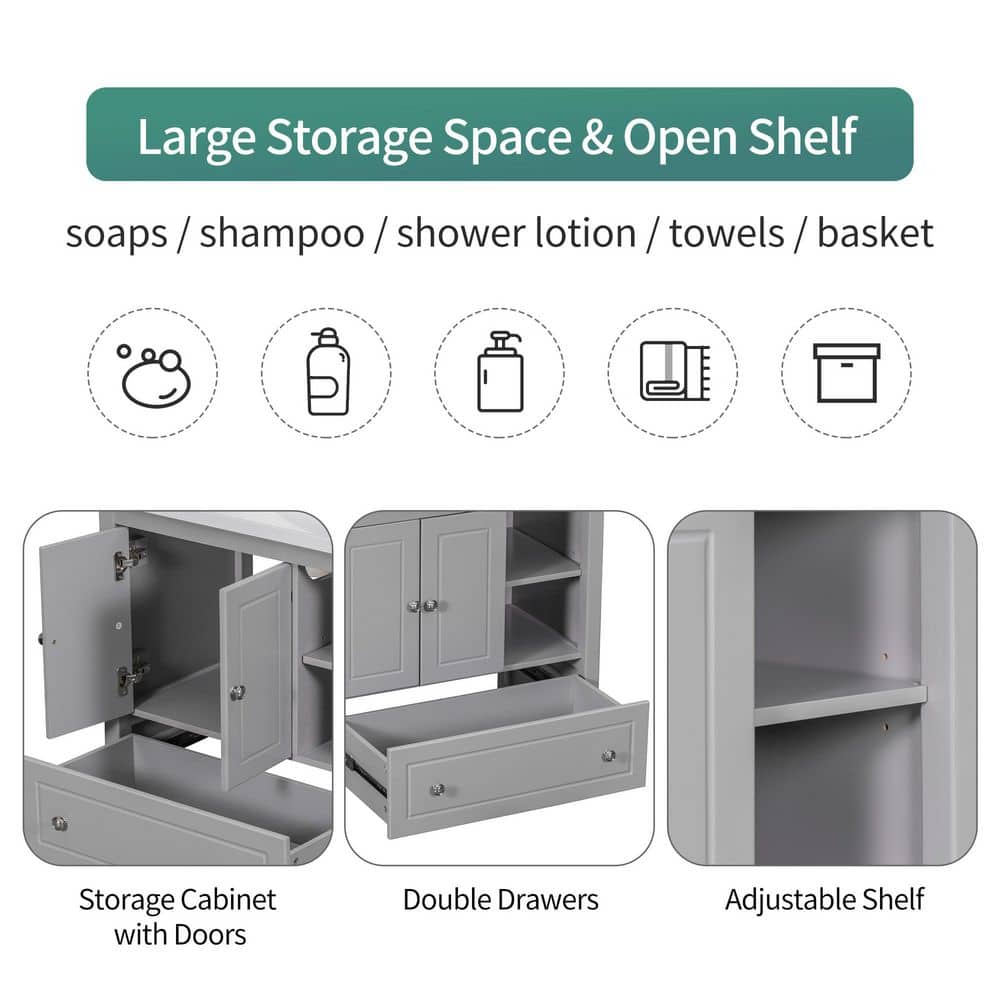 30" Gray Solid Wood Freestanding Bathroom Vanity with Drawer